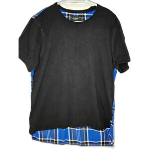 Guess Los Angeles Split Plaid Skull Graphic T-Shirt | Men's Size XL | Black/Blue